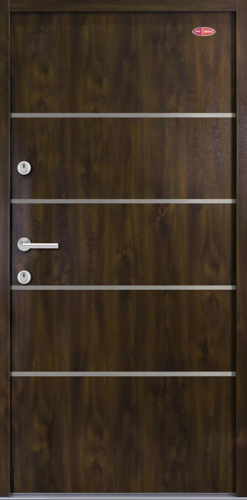 HiSec Prémium beltéri acél bejárati ajtó, Dió színben egyedi dekorcsíkokkal