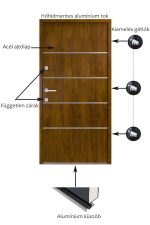 Aranytölgy kültéri acél HiSec bejárati ajtó, egyedi dekorcsíkkal
