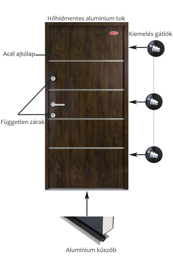 Kültéri acél HiSec bejárati ajtó, Dió színű egyedi dekorcsíkkal