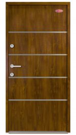 Aranytölgy kültéri acél HiSec bejárati ajtó, egyedi dekorcsíkkal