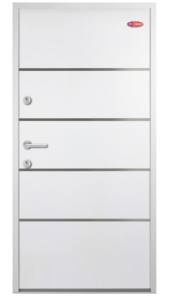 Kültéri acél HiSec bejárati ajtó Fehér színben - dekorcsíkokkal